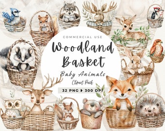 Woodland Animals in a Basket Clipart, Woodland Baby Shower Clipart, Woodland Nursery, Boho Forest Animals, Nursery Art, Baby Cute Animals