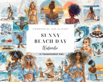 Beach Day Watercolor Clipart: Summer Palm, Sunset, Seashells (51 PNG)