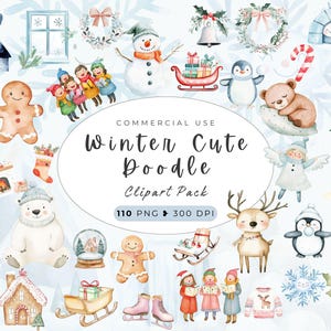 Doodle Winter Clipart, Nursery Animal Clip Art, Recém-nascido Snow Kid Doodle, Aquarela Natal, Chá de Bebê PNG, Crianças, Animal Fofo, Ilustração