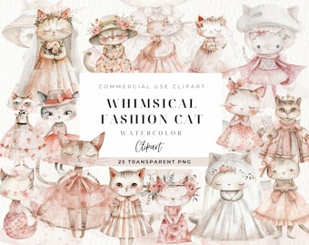 Katze Kleid Clipart, Aquarell, Babyparty, Junk Journal, Kommerzielle Nutzung, Kinderzimmer Kunst, Wunderliche Kätzchen, Lustige Mädchen Katze, Mode Tier
