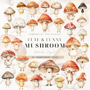 Lindo hongo clipart, hongo divertido, uso comercial, hongos, místico, descarga digital, bosque, hongo botón, shiitake, emociones