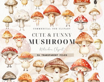 Clipart champignon mignon, champignon drôle, usage commercial, champignons, mystique, téléchargement numérique, forêt, champignon de bouton, shiitake, émotions