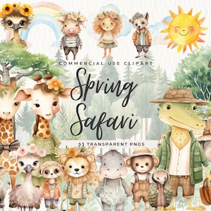 Clipart Safari Spring Day, animais bebês, clipart floral Boho, animal fofo, download digital, sol, flores, elefante, rinoceronte, macaco, girafa