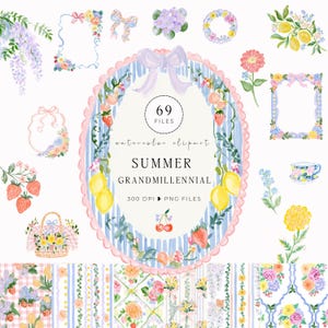 Könnte beinhalten: Eine digitale Sammlung von Aquarell-Cliparts mit 69 Dateien zum Thema Sommer. Die Elemente umfassen Zitronen, Erdbeeren, Kirschen, Blumenkränze, Rahmen, eine Teetasse und einen Picknickkorb, angeordnet um ein zentrales ovales Etikett.
