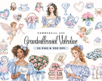 Grandmillennial Valentine Clipart, Love Watercolor, Cute Heart Design, Chinoiserie Clip art, Elegant Romantic, Valentine Png, Commercial Use