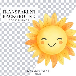 May include: A smiling yellow sun with a cartoon face and orange rays. The sun is isolated on a transparent background.