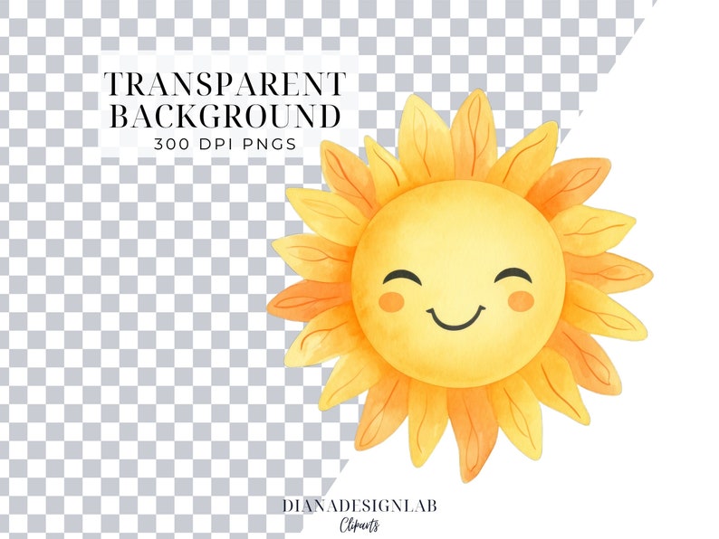 May include: A smiling yellow sun with a cartoon face and orange rays. The sun is isolated on a transparent background.
