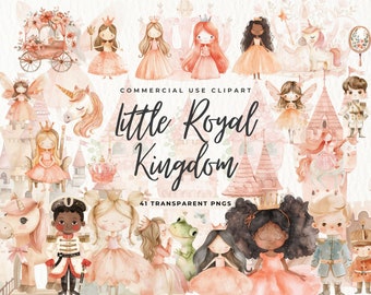 Acquerello Princess Castle Clipart, Uso commerciale, Regno magico, Arte dell'asilo nido, Castello magico, Principe, Bambini reali, Unicorno, Compleanno