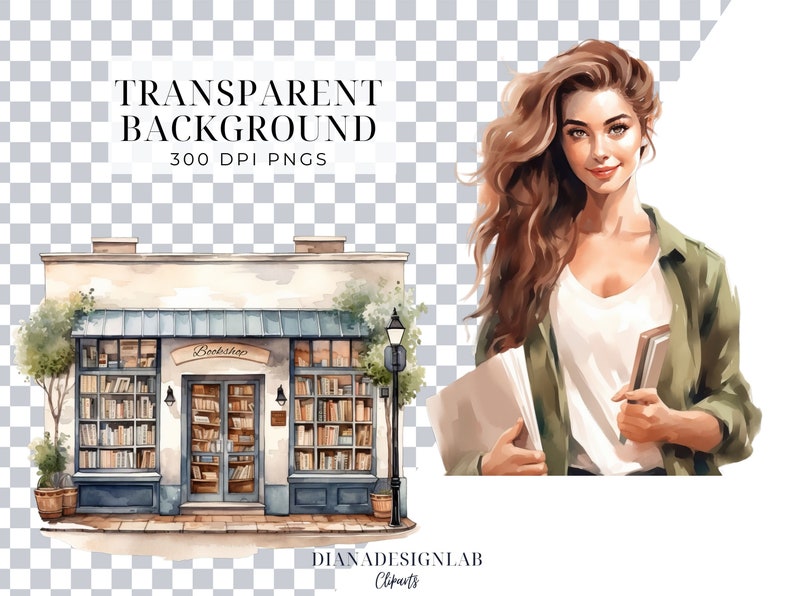May include: A watercolor illustration of a bookstore with a blue awning and a sign that reads "Bookshop". There are bookshelves filled with books in the windows. A woman with long brown hair is standing in front of the bookstore holding two books.