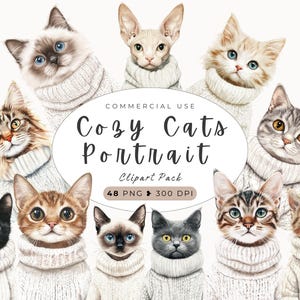 Watercolor Cozy Cats Portrait Clipart, Kitten Breeds Png, Cute Cat, Winter, Digital Download, Cat Lover Print, Cat Portrait, Wall Art