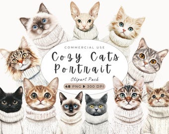 Watercolor Cozy Cats Portrait Clipart, Kitten Breeds Png, Cute Cat, Winter, Digital Download, Cat Lover Print, Cat Portrait, Wall Art