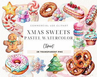 Christmas Sweets Clipart, Cookies Sweets Clip art, Candy Cane With Bow, Xmas Cake, Candy, Treats Candy and Glazed Donuts, Commercial Use
