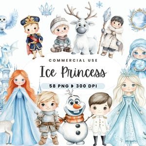 Clipart de princesa de hielo, cuento de hadas de fantasía en acuarela, acuarela de invierno, niña, princesa congelada, cumpleaños de niños, baby shower, muñeco de nieve