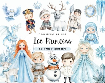 Ice Princess Clipart, Watercolor Fantasy Fairytale, Winter Watercolor, Baby Girl, Frozen Princess, Kids Birthday, Baby Shower, Snowman