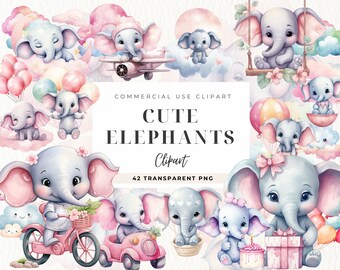 Bebé niña elefante clipart, baby shower, lindo elefante con globos, descarga instantánea, arte de la guardería, camisa de bebé, elefante de la guardería, animal