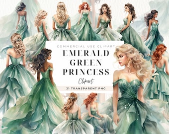 Emerald Green Princess Watercolor Clipart, Mexican 15Th Birthday, Elegant Wedding Dresses Mis Quince,  Birthday Gold Glitter, Fairytale