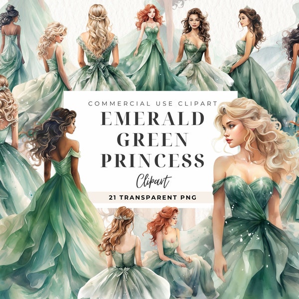 Clipart aquarelle princesse vert émeraude, 15e anniversaire mexicain, robes de mariée élégantes Mis Quince, paillettes d’or d’anniversaire, conte de fées