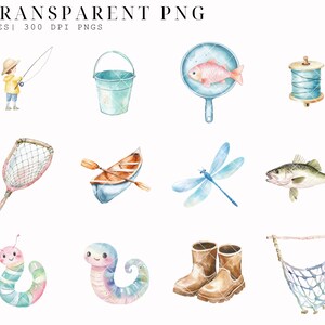 May include: A set of watercolor illustrations featuring fishing and nature themes. The illustrations include a fishing rod, a bucket, a fish in a pan, a spool of thread, a net, a canoe, a dragonfly, a fish, a worm, boots, and a hanging net.