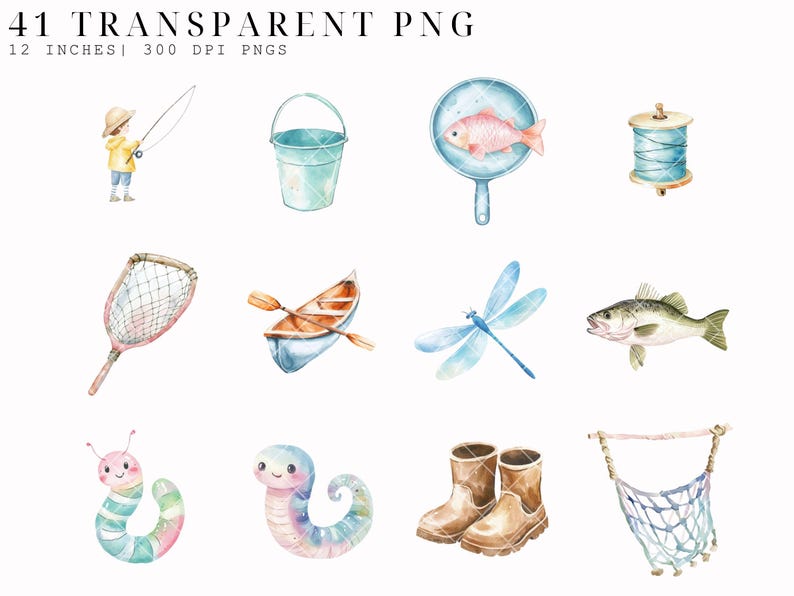 May include: A set of watercolor illustrations featuring fishing and nature themes. The illustrations include a fishing rod, a bucket, a fish in a pan, a spool of thread, a net, a canoe, a dragonfly, a fish, a worm, boots, and a hanging net.
