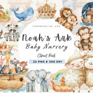 Aquarelle arche de Noé des cliparts pour chambre d'enfant, fête d'anniversaire de baby shower, lot chrétien, décoration de chambre d'enfant, couple d'animaux, usage commercial