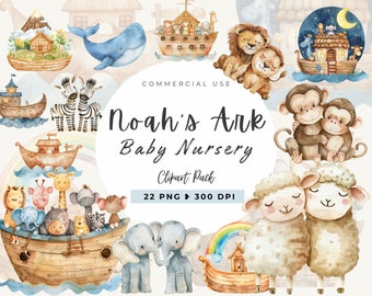 Aquarell Arche Noah Baby Kinderzimmer Clipart, Baby Shower Geburtstagsparty, Christliche Bündel, Kinderzimmer Dekor, Tiere Paar, kommerzielle Nutzung