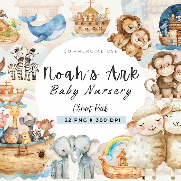 Aquarel ark van Noach babykamer clipart, babyshower verjaardagsfeestje, christelijke bundel, decor kwekerij, dieren paar, commercieel gebruik