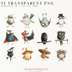 May include: A set of 12 digital illustrations of whimsical cartoon birds. The birds are drawn in a watercolor style and feature various colors, patterns, and accessories. Some birds are wearing hats, glasses, or other accessories. The birds are all in different poses and expressions.