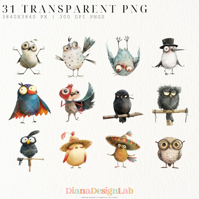 May include: A set of 12 digital illustrations of whimsical cartoon birds. The birds are drawn in a watercolor style and feature various colors, patterns, and accessories. Some birds are wearing hats, glasses, or other accessories. The birds are all in different poses and expressions.