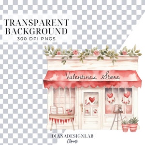 May include: A watercolor illustration of a Valentine's Day store with a red awning that says "Valentines Store". The store has two windows with red hearts and flowers. There are two potted plants outside the store.