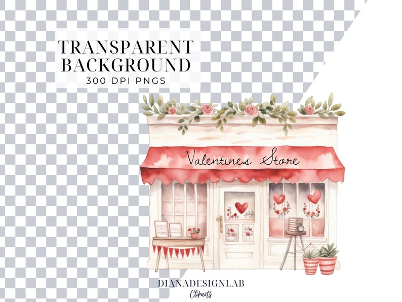 May include: A watercolor illustration of a Valentine's Day store with a red awning that says "Valentines Store". The store has two windows with red hearts and flowers. There are two potted plants outside the store.