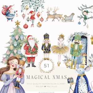 Könnte beinhalten: Aquarell-Weihnachts-Clipart mit Weihnachtsmann, Elfen, Rentieren, einem Weihnachtsbaum, Nussknackern, einer Ballerina und einem Mäusekönig. Der Text "MAGICAL XMAS" wird mit der Nummer "51" angezeigt. Hochwertiges Aquarell-Clipart, 300 DPI, PNG-Dateien.