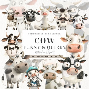 Quirky Cows Clipart, Commercial Use, Quirky Farm Animal Clip art, Digital Prints, Cute Caricature Pets, Funny,  Digital Download, Farm