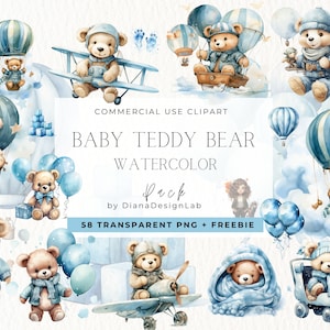 Watercolor Teddy Bear Clip Art Clipart Pack, Baby Shower for a boy, Clipart for commercial use, flying bear clipart, Blue Aeroplane Balloons