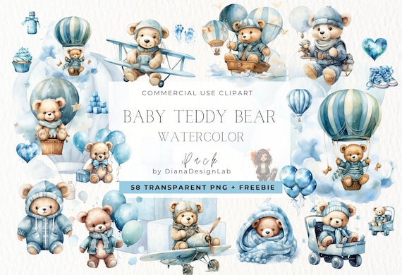 Watercolor Teddy Bear Clip Art Clipart Pack, Baby Shower for a boy, Clipart for commercial use, flying bear clipart, Blue Aeroplane Balloons