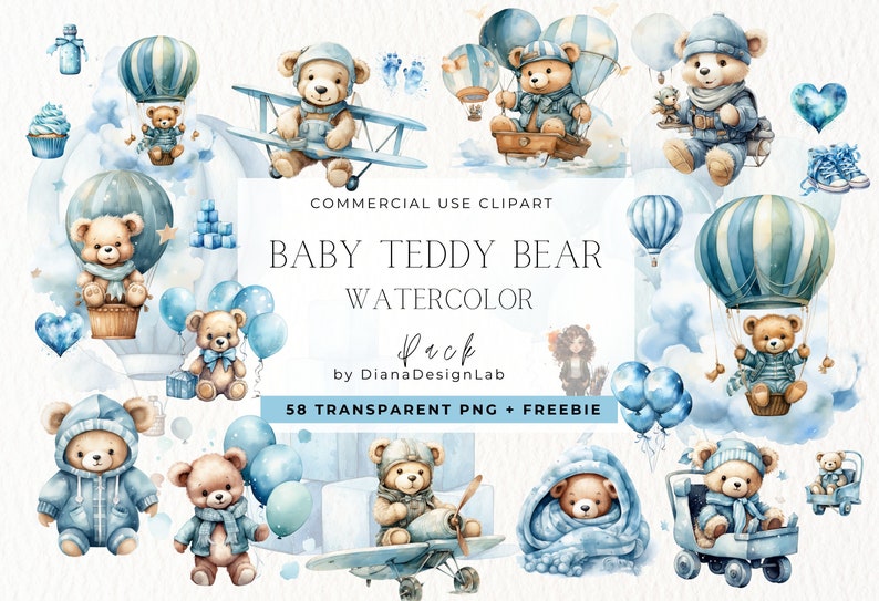 May include: A set of 58 watercolor illustrations of baby teddy bears in various poses, including flying in hot air balloons, riding in a stroller, and flying a plane. The illustrations are in shades of blue and white, with a few accents of brown and pink.