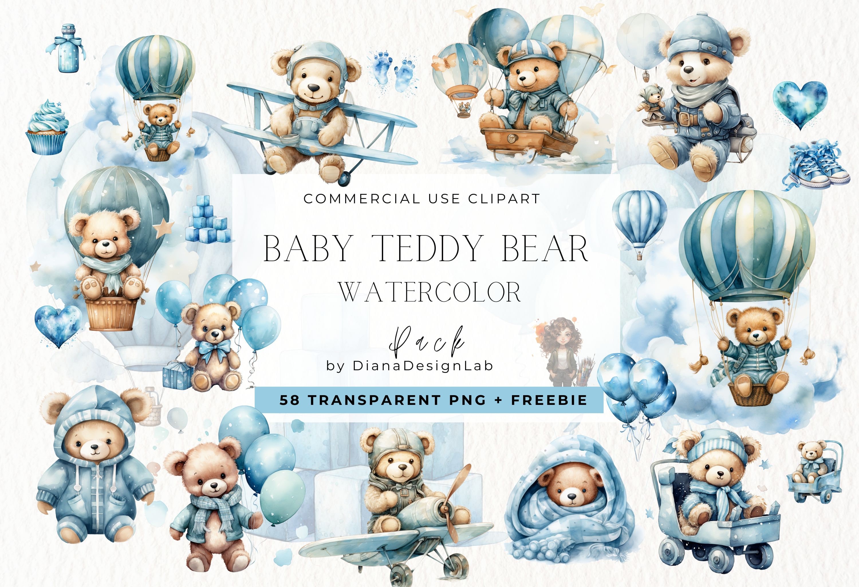 Watercolor Teddy Bear Clip Art Clipart Pack, Baby Shower for a Boy ...