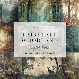 Carta digitale da favola nel bosco, creazione di biglietti, download digitale, kit diario spazzatura, uso commerciale, animali incantati, carta per album