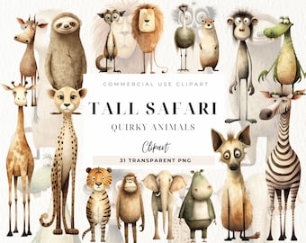 Quirky Safari Animals Clipart, Tall Animals, Long legs, Memory Books, Card Making, Commercial Use, Fantasy Junk Journal, Whimsical Element