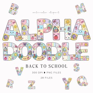 School Doodle Alphabet, Alpha Teacher Letter Set, Preppy Back to School Clipart for Classroom Decor, Uppercase & Numbers