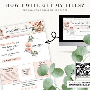 K&ouml;nnte beinhalten: Eine rosa und wei&szlig;e digitale Download-Dankeskarte mit einem Blumenkranz und dem Text "Vielen Dank f&uuml;r Ihre Bestellung!" und "Ihr Dateilink". Die Karte enth&auml;lt auch eine kommerzielle Lizenz und ein Angebot zum Kauf von 3 und sparen Sie 70 %. Die Karte befindet sich auf einem wei&szlig;en Hintergrund mit einem Computerbildschirm und einem QR-Code im Hintergrund.