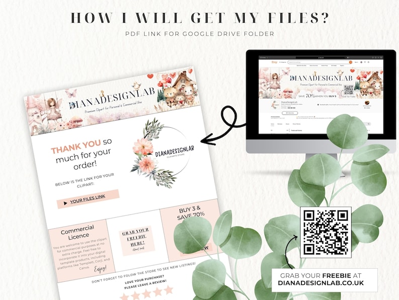 K&ouml;nnte beinhalten: Eine rosa und wei&szlig;e digitale Download-Dankeskarte mit einem Blumenkranz und dem Text "Vielen Dank f&uuml;r Ihre Bestellung!" und "Ihr Dateilink". Die Karte enth&auml;lt auch eine kommerzielle Lizenz und ein Angebot zum Kauf von 3 und sparen Sie 70 %. Die Karte befindet sich auf einem wei&szlig;en Hintergrund mit einem Computerbildschirm und einem QR-Code im Hintergrund.
