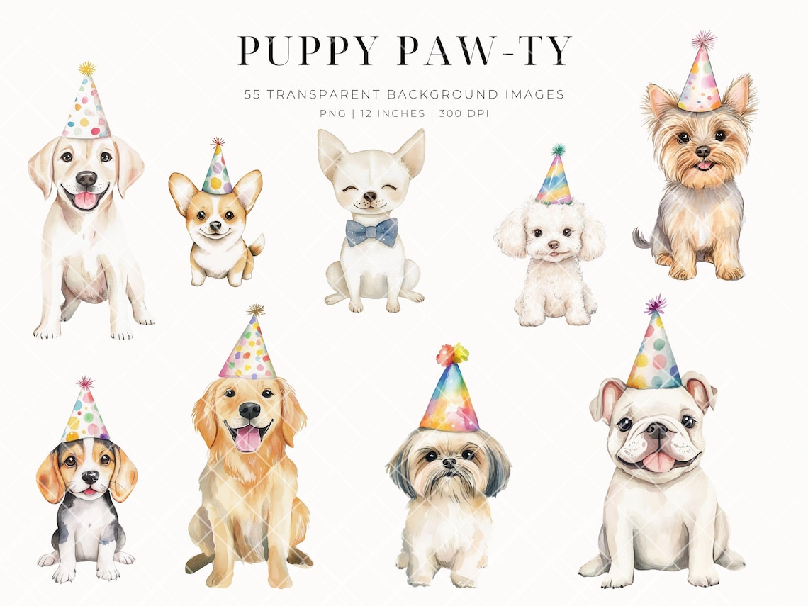 Cute Dogs Clipart Birthday Party, Instant Download, Watercolor Puppies ...