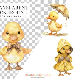 May include: Three watercolor illustrations of yellow ducklings. One duckling is wearing a brown and white bow tie. Another duckling is holding a yellow umbrella. The third duckling is wearing a yellow raincoat.