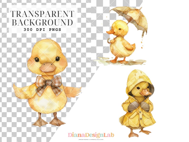 May include: Three watercolor illustrations of yellow ducklings. One duckling is wearing a brown and white bow tie. Another duckling is holding a yellow umbrella. The third duckling is wearing a yellow raincoat.