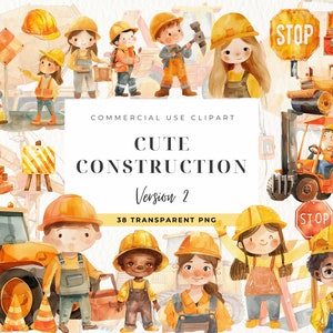Clipart de caminhão de construção em aquarela, arte de berçário, clipart de veículos de construção, caminhões, arte infantil, capacete, escavadeira, uso comercial
