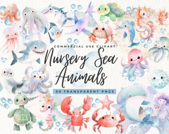 Baby Sea Animals Clipart, Whale Clip Art, Turtle, Jellyfish, Nursery Decor, Sea Life, Cute Watercolor Ocean Animals Png, Baby Shower Decor