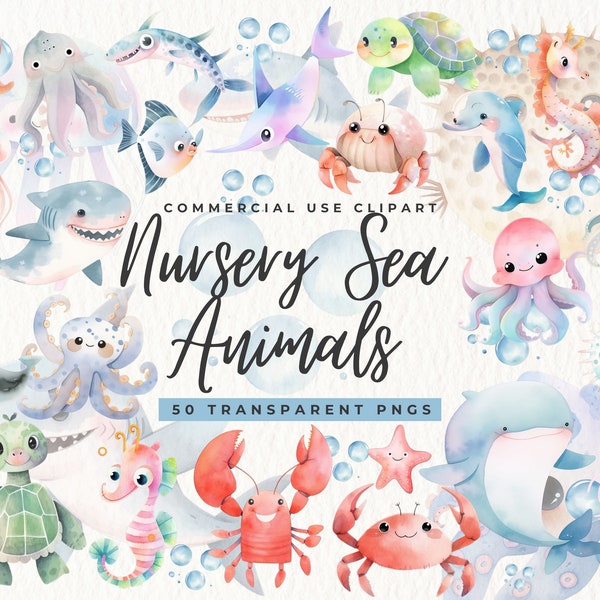 Clipart animali marini per bambini, clipart balene, tartarughe, meduse, decorazioni per l'asilo nido, vita marina, simpatici animali dell'oceano ad acquerello Png, decorazioni per la doccia per bambini