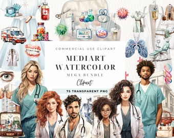 May include: Watercolor clipart bundle featuring medical professionals, medical equipment, and anatomical illustrations. The image includes doctors, nurses, an ambulance, and various medical tools. Text on the image reads "MEDIART WATERCOLOR MEGA BUNDLE Clipart 75 TRANSPARENT PNG".