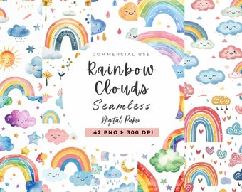 Rainbow Clouds Digital Paper Seamless, Watercolor Seamless Pattern, Cute Happy Clouds, Instant Download, Printable, Nursery PNG, Sky Fabric