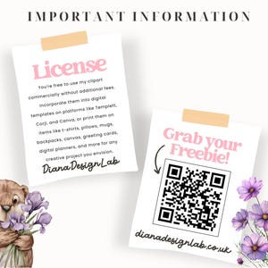 Puede incluir: Una tarjeta rosa y blanca con el texto "License" e informaci&oacute;n sobre el uso comercial de clipart. Una segunda tarjeta con el texto "Grab your Freebie!" y un c&oacute;digo QR. El texto "dianadesignlab.co.uk" est&aacute; debajo del c&oacute;digo QR. Una ilustraci&oacute;n de dibujos animados de un oso marr&oacute;n sosteniendo un ramo de flores moradas.